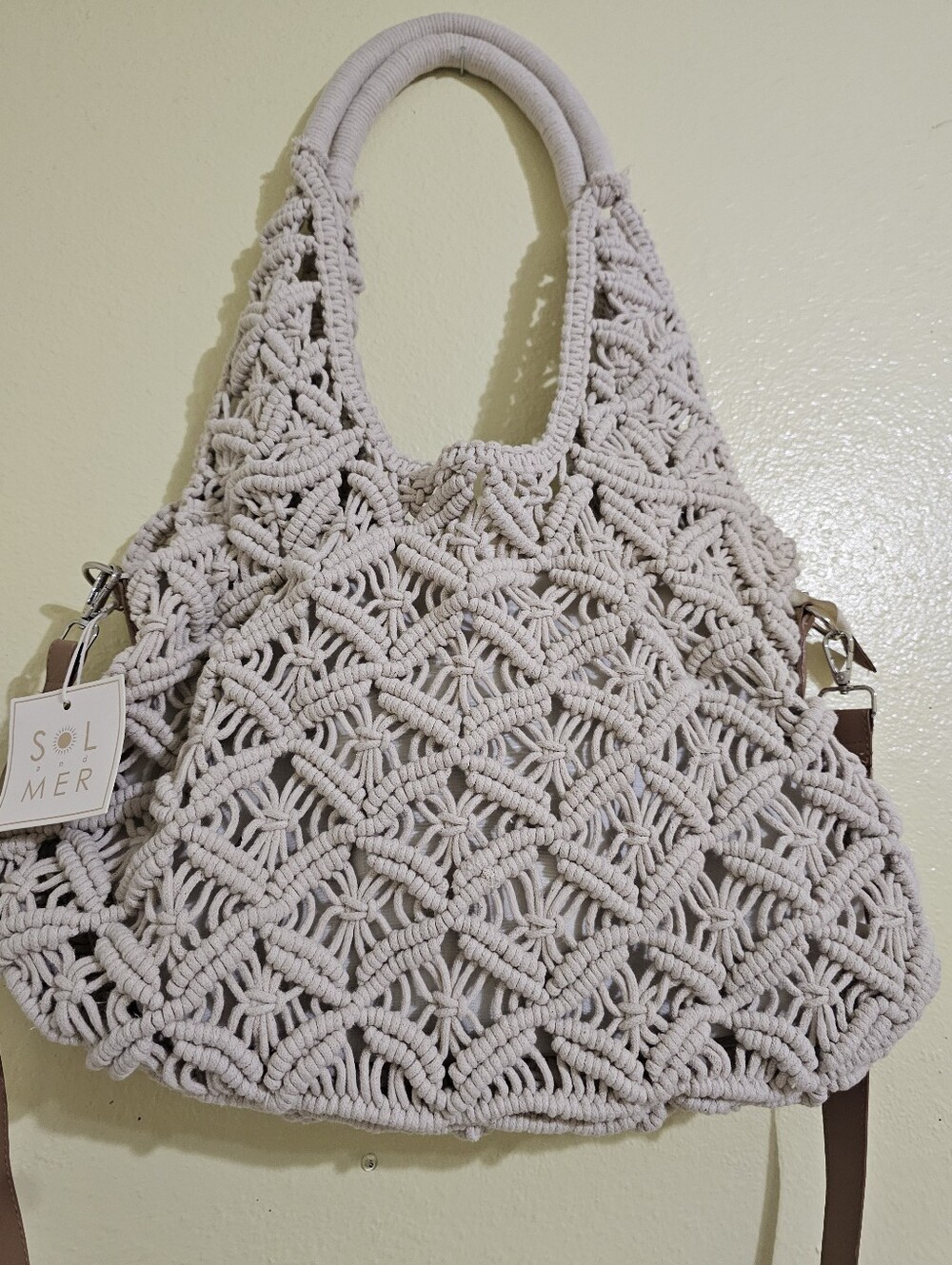 SOL & MER Macramé Shoulder Bag in Light Beige